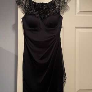 Elegant NAVY BLUR Beaded Illusion Neck Dress